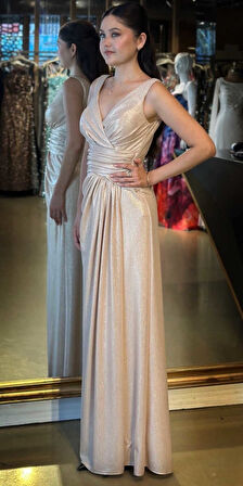 Bej Kalın Askı V Yaka Anvelop  Yırtmaçlı Düz Kesim Simli Uzun Abiye Elbise 11074