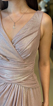 Rose Kalın Askı V Yaka Anvelop  Yırtmaçlı Düz Kesim Simli Uzun Abiye Elbise 11074