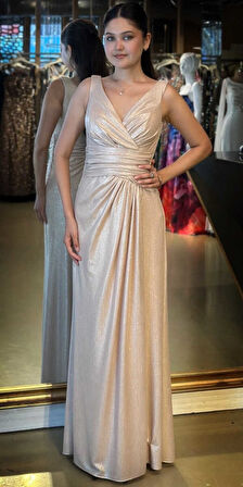 Bej Kalın Askı V Yaka Anvelop  Yırtmaçlı Düz Kesim Simli Uzun Abiye Elbise 11074