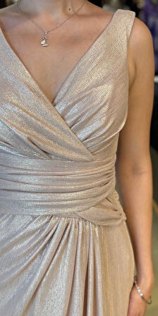 Bej Kalın Askı V Yaka Anvelop  Yırtmaçlı Düz Kesim Simli Uzun Abiye Elbise 11074