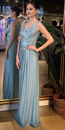 Mint Kalın Askı V Yaka Anvelop Yırtmaçlı Düz Kesim Simli Uzun Abiye Elbise 11074