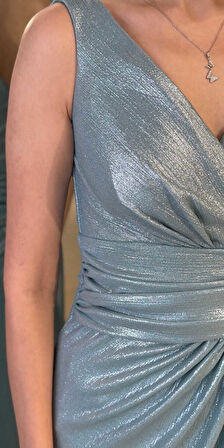 Mint Kalın Askı V Yaka Anvelop Yırtmaçlı Düz Kesim Simli Uzun Abiye Elbise 11074