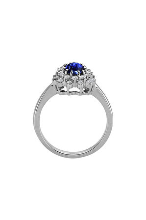 Iki Sıra Pırlantalı Oval Safir Taşlı Yüzük
