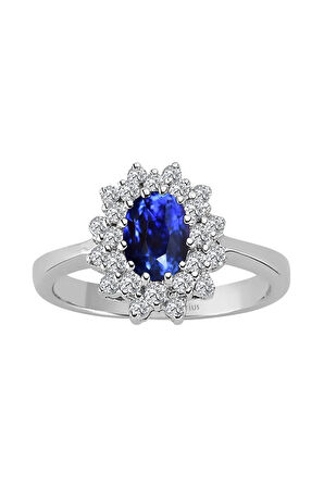 Iki Sıra Pırlantalı Oval Safir Taşlı Yüzük
