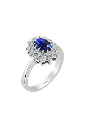 Iki Sıra Pırlantalı Oval Safir Taşlı Yüzük