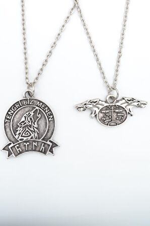 2'li Kam Şaman Davulu - Tengri Biz Menen Bozkurt Erkek Kadın Kolye Seti 925 Ayar Gümüş Kaplama