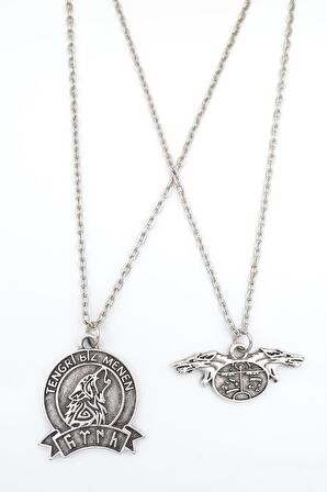 2'li Kam Şaman Davulu - Tengri Biz Menen Bozkurt Erkek Kadın Kolye Seti 925 Ayar Gümüş Kaplama