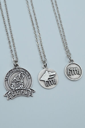 3'lü TenGri Biz Menen - Göktürkçe Türk Gümüş Kaplama Kolye Seti