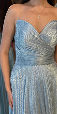 Mavi Straplez Yaka Kloş Etekli Jakarlı Uzun Abiye Elbise 11080