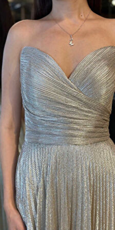 Gri Straplez Yaka Kloş Etekli Jakarlı Uzun Abiye Elbise 11080