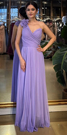 Lila Tek Omuzlu Kloş Etekli  Şifon Tül Uzun Abiye Elbise 11081-04