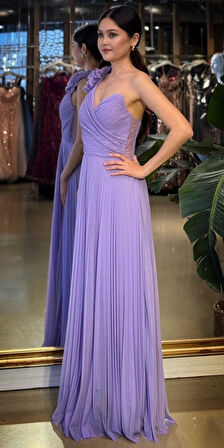 Lila Tek Omuzlu Kloş Etekli  Şifon Tül Uzun Abiye Elbise 11081-04