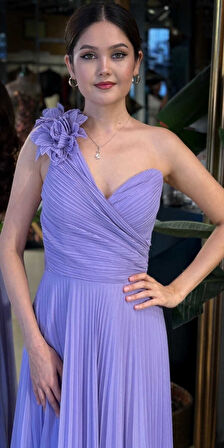 Lila Tek Omuzlu Kloş Etekli  Şifon Tül Uzun Abiye Elbise 11081-04