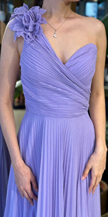 Lila Tek Omuzlu Kloş Etekli  Şifon Tül Uzun Abiye Elbise 11081-04