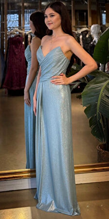 Mint Straplez Yaka Göğüs Dekolteli Düz Kesim Likralı Parlak Kumaş Uzun Abiye Elbise 11083-05