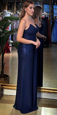 Lacivert Straplez Yaka Göğüs Dekolteli  Düz Kesim Likralı Uzun Abiye Elbise 11083