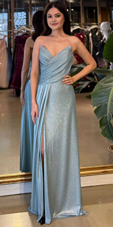 Mint Straplez Yaka Göğüs Dekolteli Düz Kesim Likralı Parlak Kumaş Uzun Abiye Elbise 11083-05