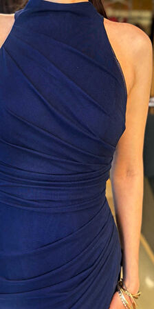 Lacivert Halter Yaka Yırtmaçlı Düz Kesim Likralı Tül Uzun Abiye Elbise 11084-09