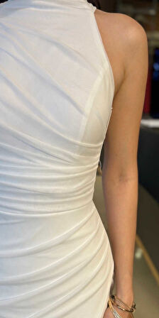 Beyaz Stefanel Yaka Yırtmaçlı Düz Kesim Tül Uzun Abiye Elbise 11084