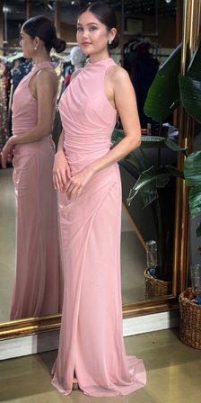 Rose Halter Yaka Yırtmaçlı Düz Kesim Likralı Tül Uzun Abiye Elbise 11084-06