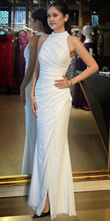 Beyaz Stefanel Yaka Yırtmaçlı Düz Kesim Tül Uzun Abiye Elbise 11084