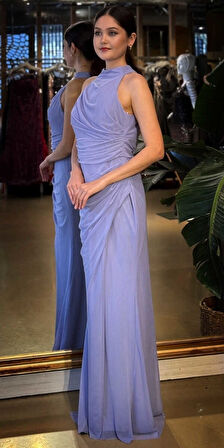 Lila Halter Yaka Yırtmaçlı Düz Kesim Likralı Tül Uzun Abiye Elbise 11084-13