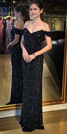 Siyah Madonna Yaka Düz Kesim Payet Uzun Abiye Elbise 11085