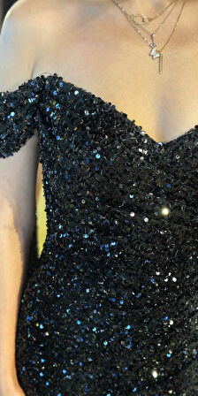 Siyah Madonna Yaka Düz Kesim Payet Uzun Abiye Elbise 11085