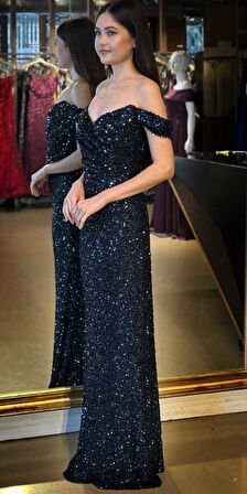 Lacivert Madonna Yaka Düz Kesim Payet Uzun Abiye Elbise 11085