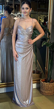 Vizon Rengi V Yaka İp Askılı Sırt Dekolteli Düz Kesim Parlak Kumaş Uzun Abiye Elbise 11086-04