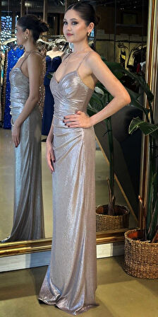 Vizon Rengi V Yaka İp Askılı Sırt Dekolteli Düz Kesim Parlak Kumaş Uzun Abiye Elbise 11086-04