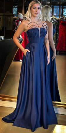 Lacivert Straplez Yaka  Sırt Dekolteli Kloş Etekli Saten Uzun Abiye Elbise 11088