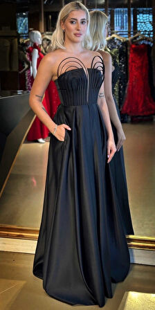 Siyah Straplez Yaka  Sırt Dekolteli Kloş Etekli Saten Uzun Abiye Elbise 11088