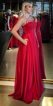 Kırmızı Straplez Yaka  Sırt Dekolteli Kloş Etekli Saten Uzun Abiye Elbise 11088