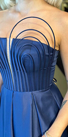 Lacivert Straplez Yaka  Sırt Dekolteli Kloş Etekli Saten Uzun Abiye Elbise 11088