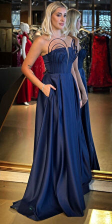 Lacivert Straplez Yaka  Sırt Dekolteli Kloş Etekli Saten Uzun Abiye Elbise 11088