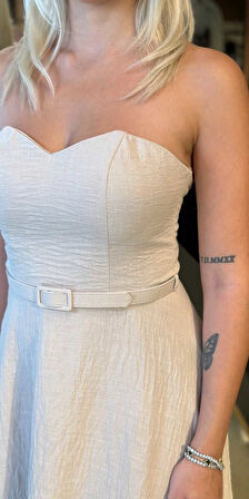 Bej Kemerli Straplez Yaka Kloş Etekli Keten Midi Abiye Elbise 11089