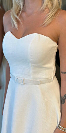 Beyaz Kemerli Straplez Yaka Kloş Etekli Keten Midi Abiye Elbise 11089