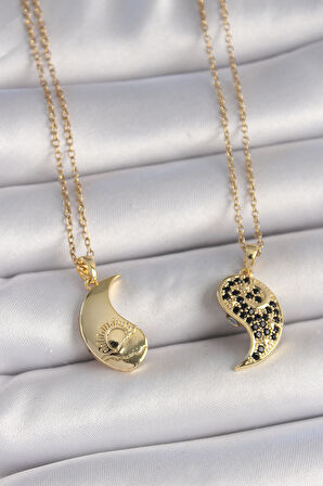 316L Çelik Gold Renk Zincir Zirkon Taşlı Ying Yang Model Gün Batımı İşlemeli Arkadaşlık Kadın Kolye