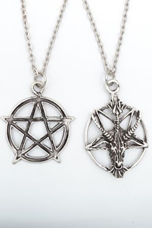 2'li Ters Pentagram Keçi Kafası - Wicca Erkek Kadın Kolye Seti 925 Ayar Gümüş Kaplama