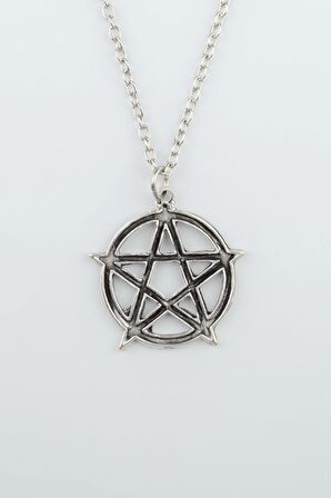 Pentagram Wicca Sembol Erkek Kadın Kolye Antik Gümüş Kaplama - 60 cm Düz Zincir