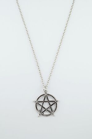Pentagram Wicca Sembol Erkek Kadın Kolye Antik Gümüş Kaplama - 60 cm Düz Zincir