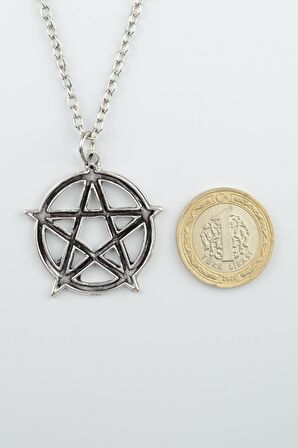 Pentagram Wicca Sembol Erkek Kadın Kolye Antik Gümüş Kaplama - 60 cm Düz Zincir