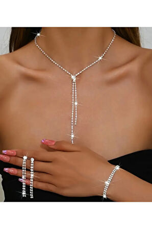 Gümüs Kaplama Nez Kolye Kupe Ve Bileklik Seti 3'lü Set Davet Dügün Nisan Abiye