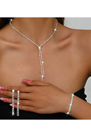 Gümüs Kaplama Nez Kolye Kupe Ve Bileklik Seti 3'lü Set Davet Dügün Nisan Abiye