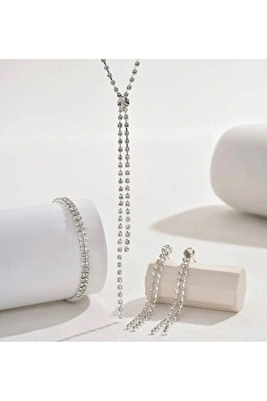 Gümüs Kaplama Nez Kolye Kupe Ve Bileklik Seti 3'lü Set Davet Dügün Nisan Abiye