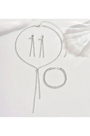 Gümüs Kaplama Nez Kolye Kupe Ve Bileklik Seti 3'lü Set Davet Dügün Nisan Abiye