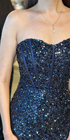 Lacivert Straplez Yaka Sırt Dekolteli Yırtmaçlı Düz Kesim Payet Uzun Abiye Elbise 11093