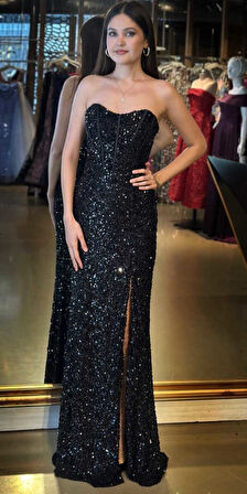 Siyah Straplez Yaka Sırt Dekolteli Yırtmaçlı Düz Kesim Payet Uzun Abiye Elbise 11093