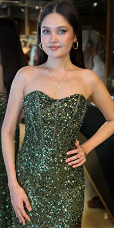 Olive Straplez Yaka Sırt Dekolteli Yırtmaçlı Düz Kesim Payet Uzun Abiye Elbise 11093